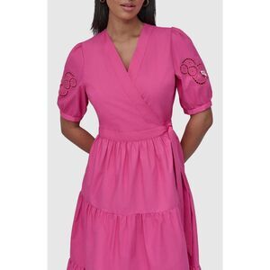DKNY Vivid Pink Wrap Maxi Dress Tiered Short Sleeve NWT Size 14